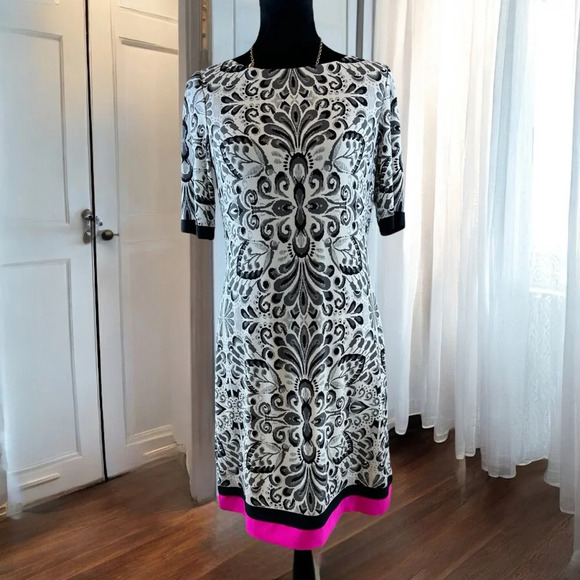Eliza J Black & White Damask Pattern Dress with Pink Trim, Size 8 Short Sleeve S - Picture 1 of 7
